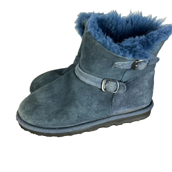 Kirkland Signature Boots Kids Girls 2 Blue Suede Wool Shearling Buckle Winter - Picture 1 of 11